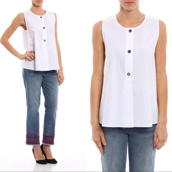 TORY BURCH White Marguerite Shell Sleeveless Top Decorative Buttons Shirt Sz 4 - Picture 2 of 13